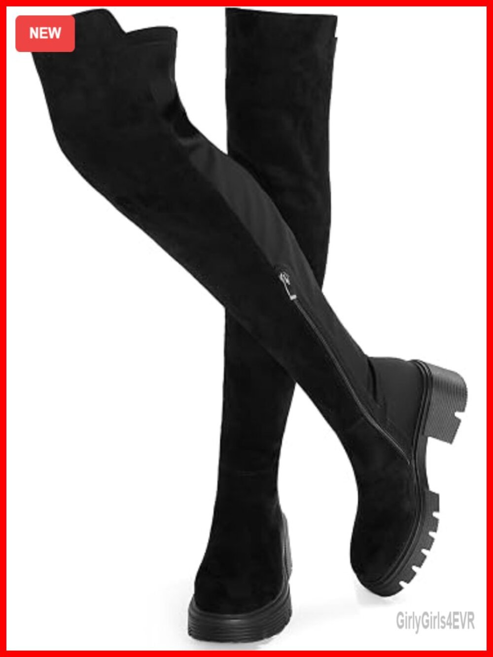 Suede Over The Knee Platform Boots Chunky Heel Zip Stretch Thigh High Boots Lug